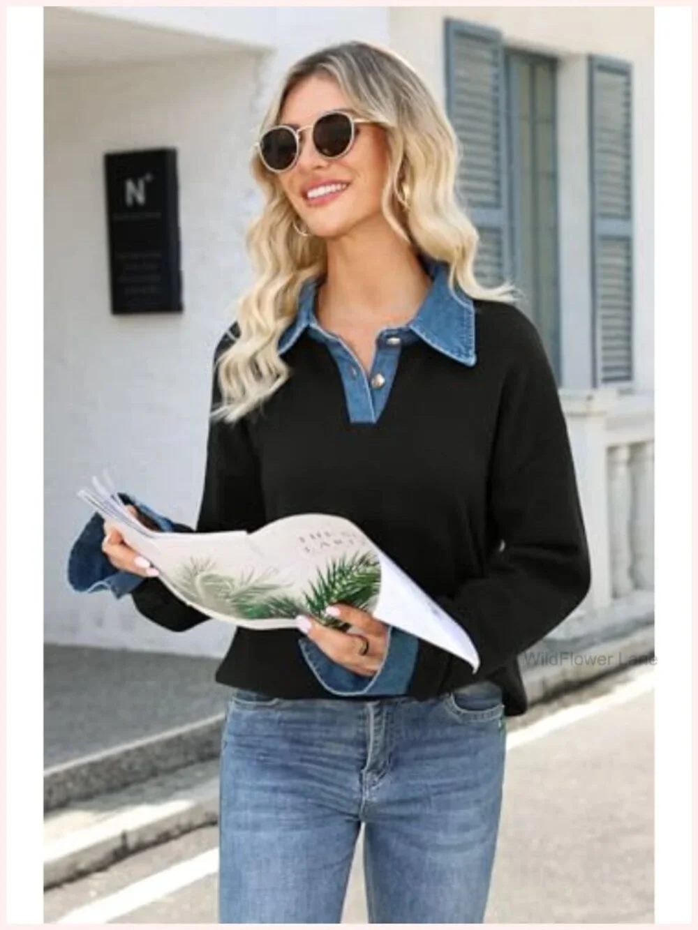 Women's Oversized Denim Polo Knit Collared Pullover Sweater